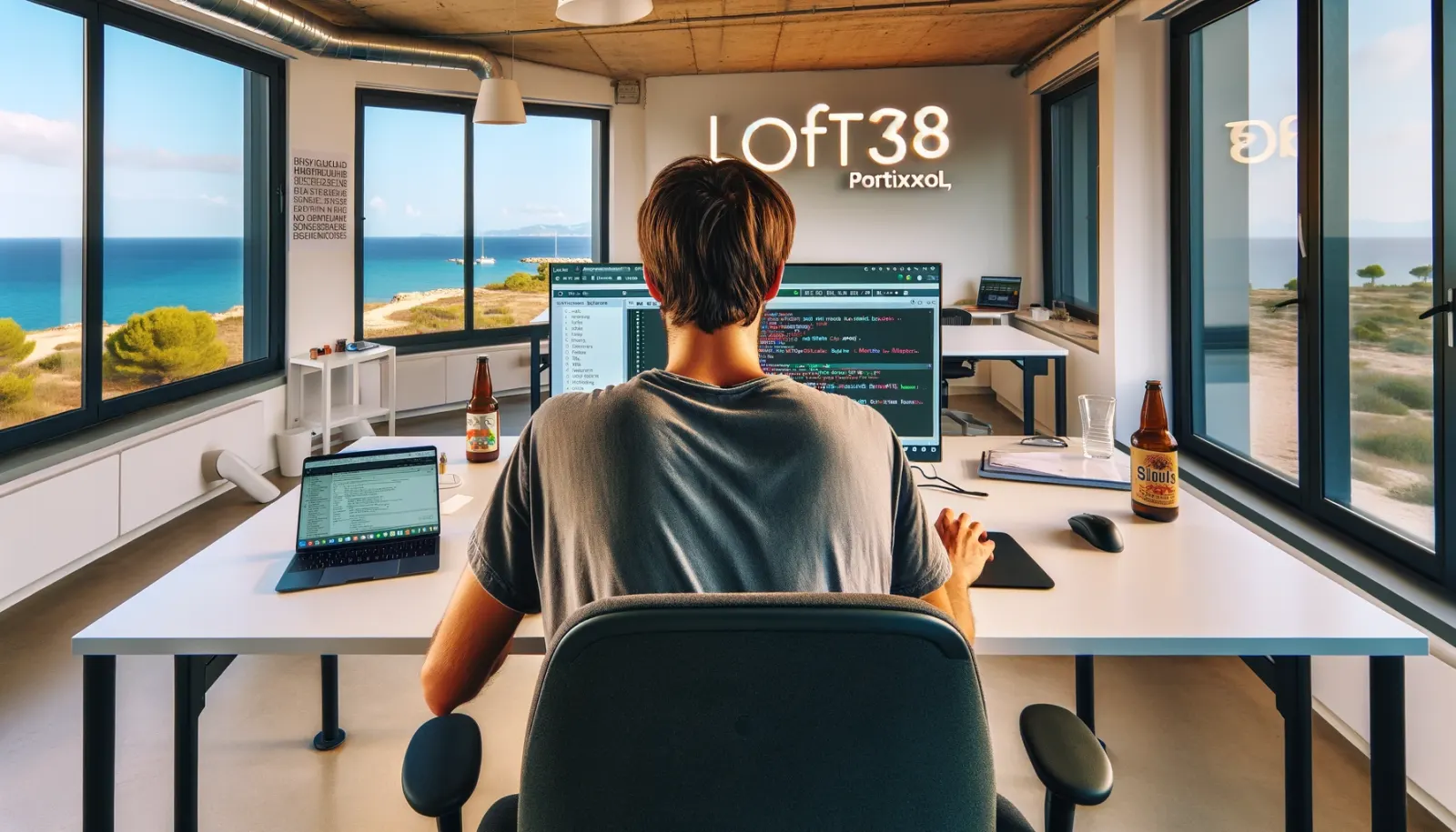 Illustration: a desk with two screens at Loft 38 in Portixol, the sea outside the window.